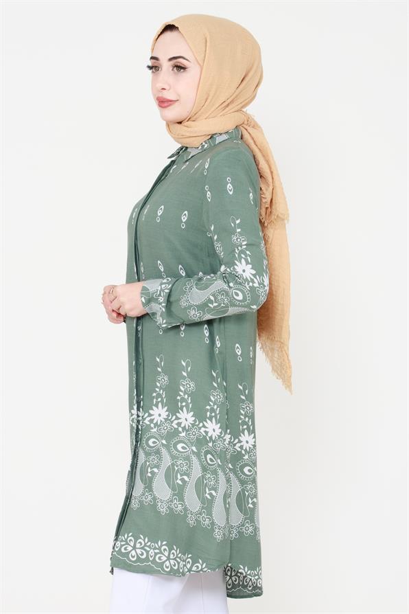 Çiçek Desenli Viscon Tunik-Mint Yeşili