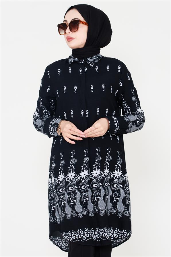 Çiçek Desenli Viscon Tunik-Siyah