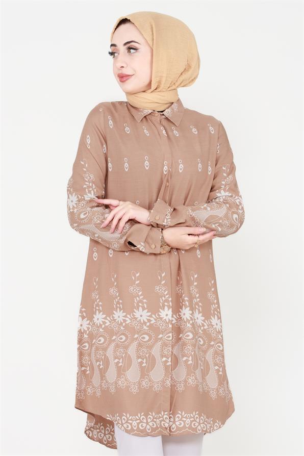 Floral Patterned Viscose Tunic - Mink/Brown