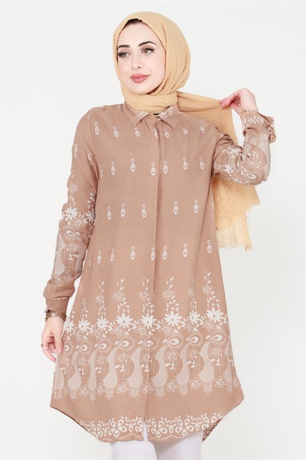 Floral Patterned Viscose Tunic - Mink/Brown