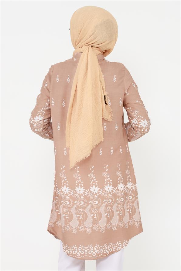 Floral Patterned Viscose Tunic - Mink/Brown