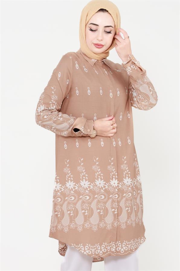 Floral Patterned Viscose Tunic - Mink/Brown