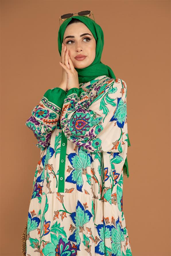Flower Pattern Half Buttoned Viscose Dress -Green