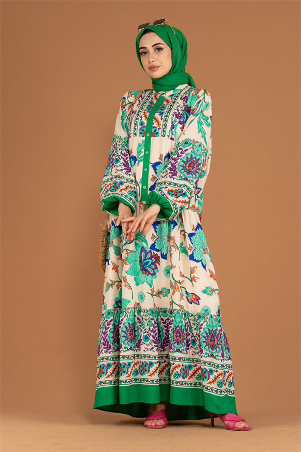 Flower Pattern Half Buttoned Viscose Dress -Green
