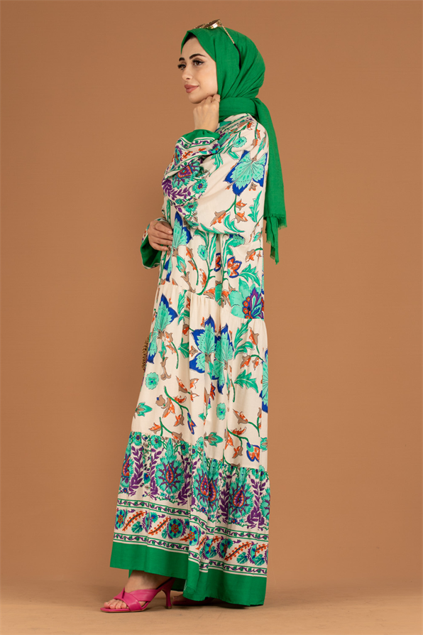 Flower Pattern Half Buttoned Viscose Dress -Green