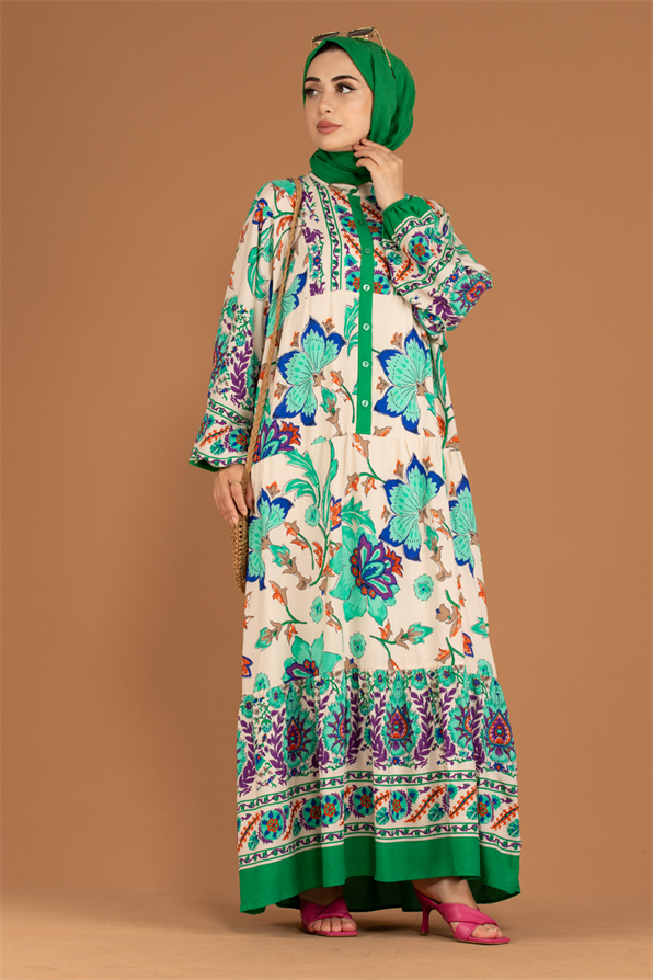 Flower Pattern Half Buttoned Viscose Dress -Green
