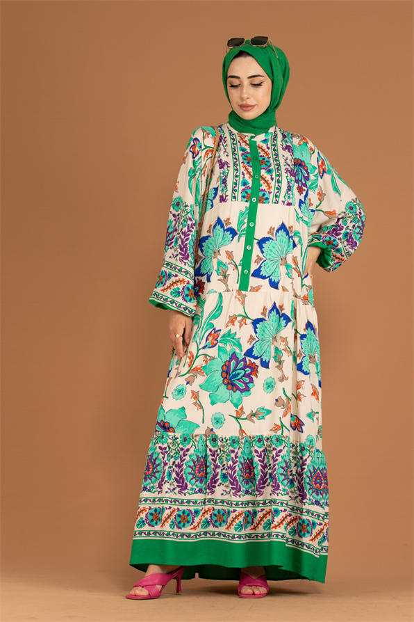 Flower Pattern Half Buttoned Viscose Dress -Green