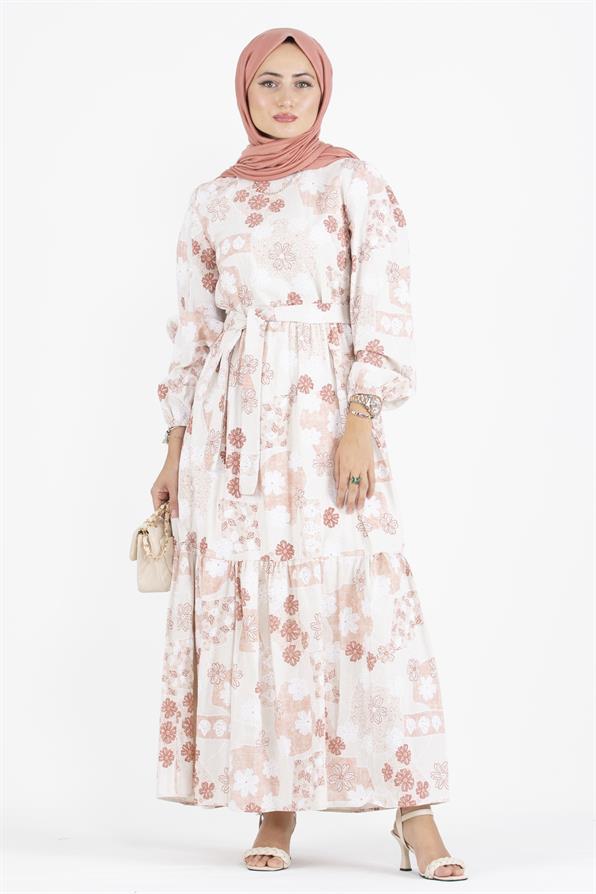 Flower Embossed Linen Dress-Rose Color