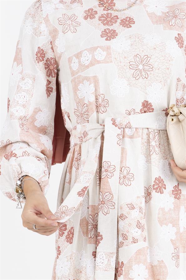 Flower Embossed Linen Dress-Rose Color