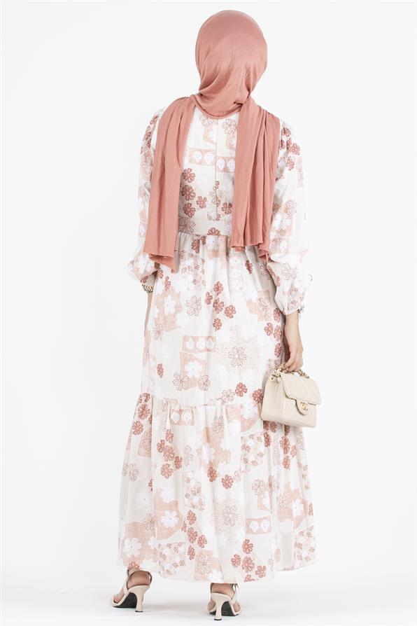 Flower Embossed Linen Dress-Rose Color