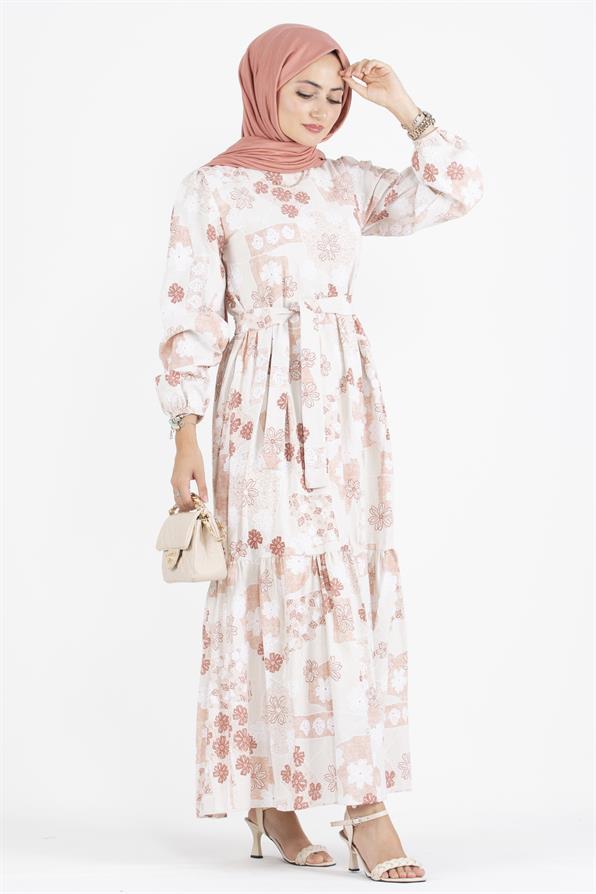Flower Embossed Linen Dress-Rose Color