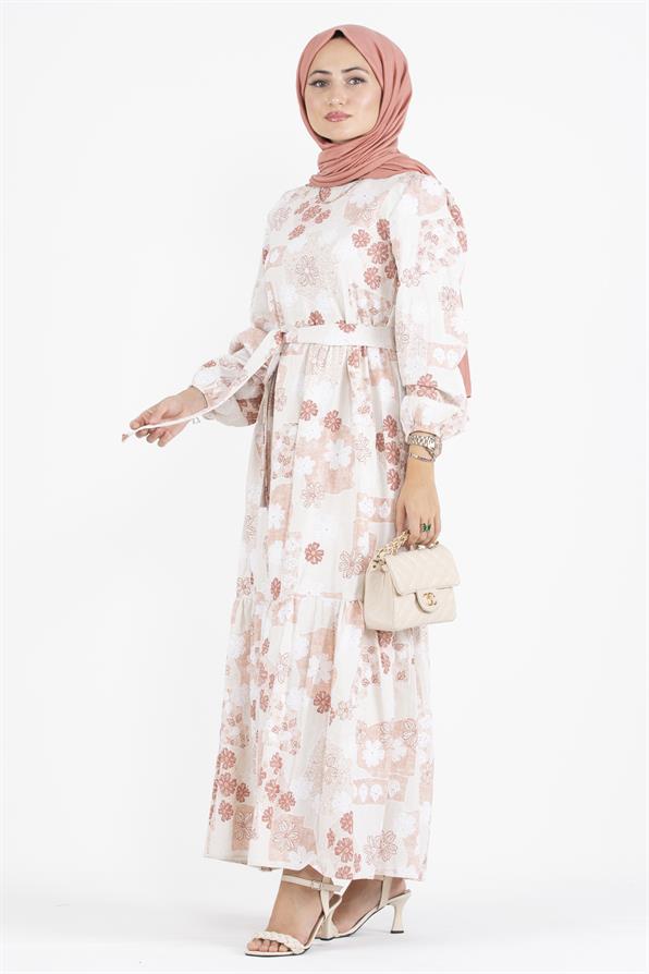 Flower Embossed Linen Dress-Rose Color