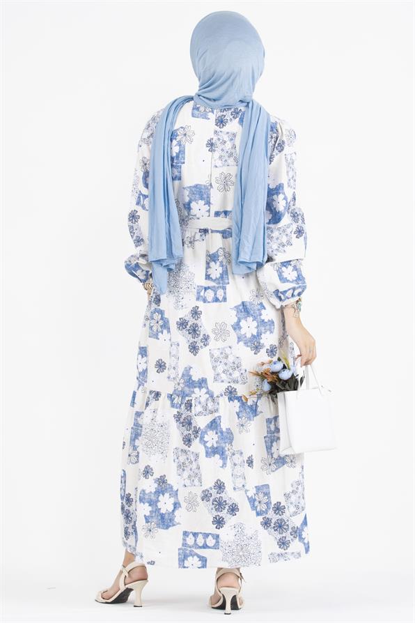 Flower Embossed Linen Dress-Blue