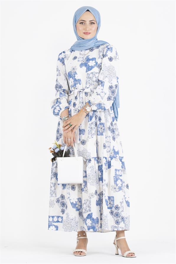 Flower Embossed Linen Dress-Blue