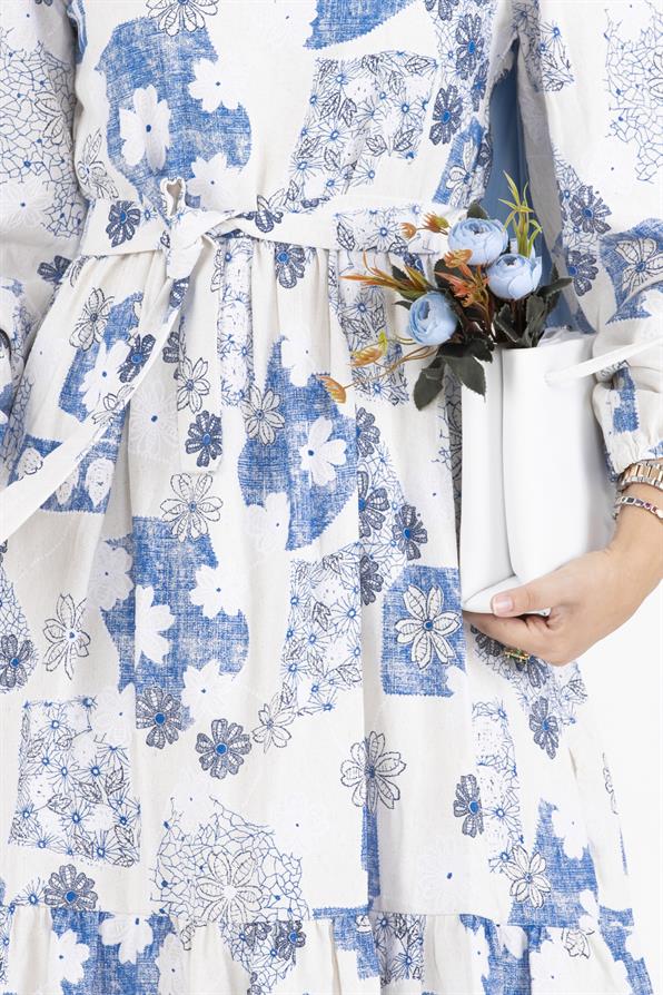 Flower Embossed Linen Dress-Blue