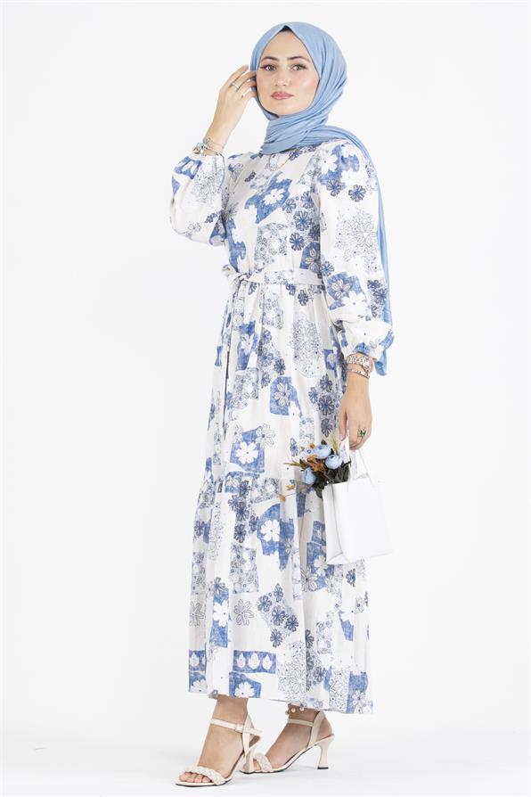 Flower Embossed Linen Dress-Blue
