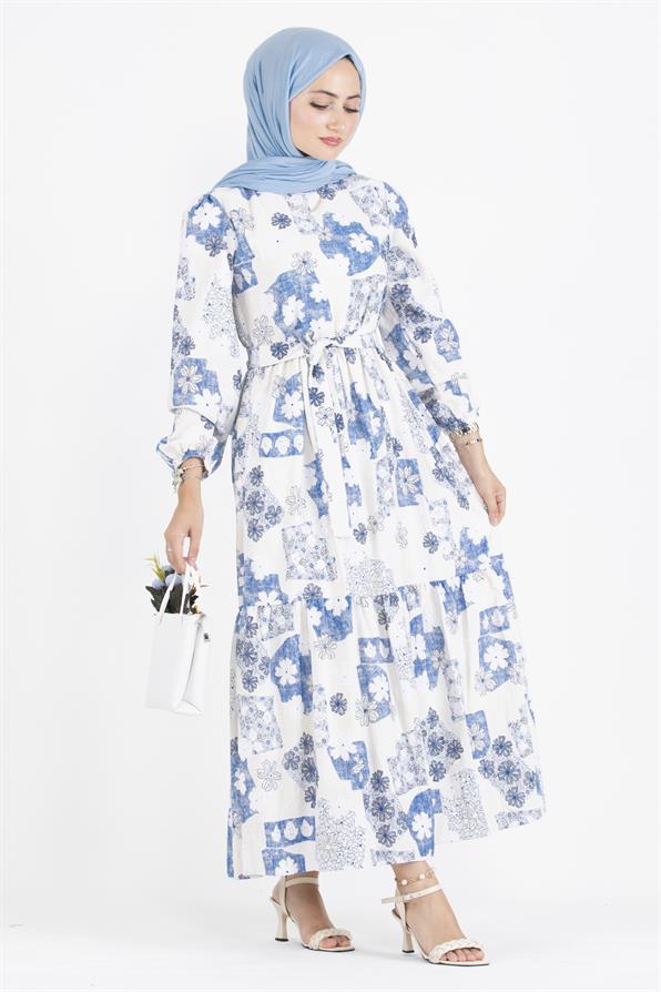 Flower Embossed Linen Dress-Blue