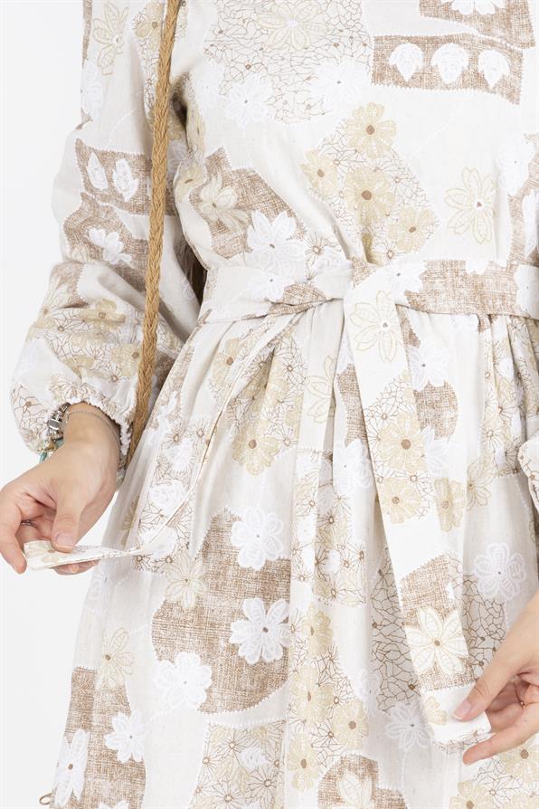Flower Embossed Linen Dress-Mink