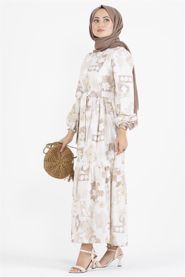 Flower Embossed Linen Dress-Mink