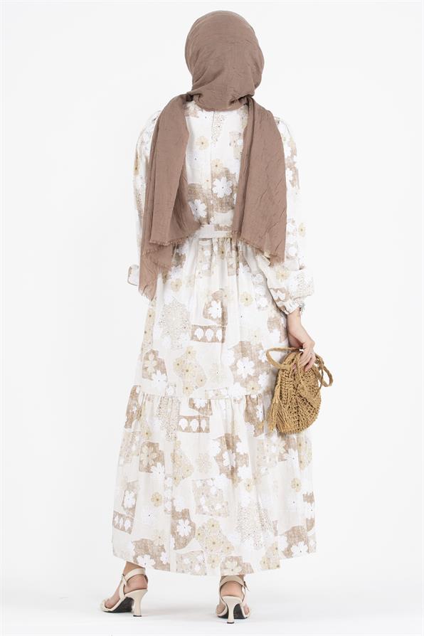 Flower Embossed Linen Dress-Mink