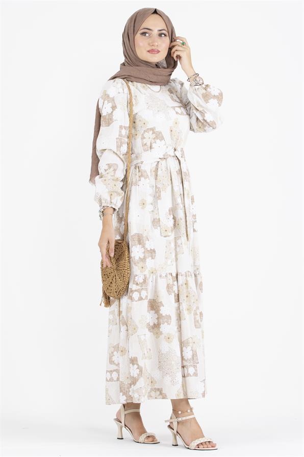 Flower Embossed Linen Dress-Mink