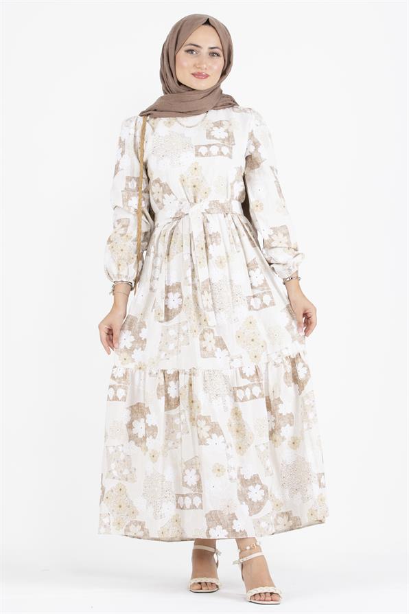 Flower Embossed Linen Dress-Mink
