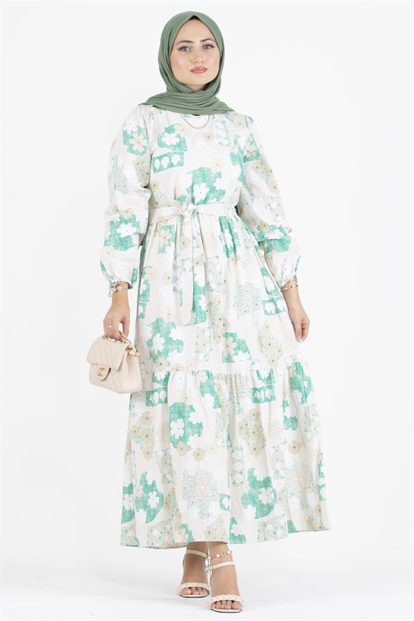 Flower Embossed Linen Dress-Green