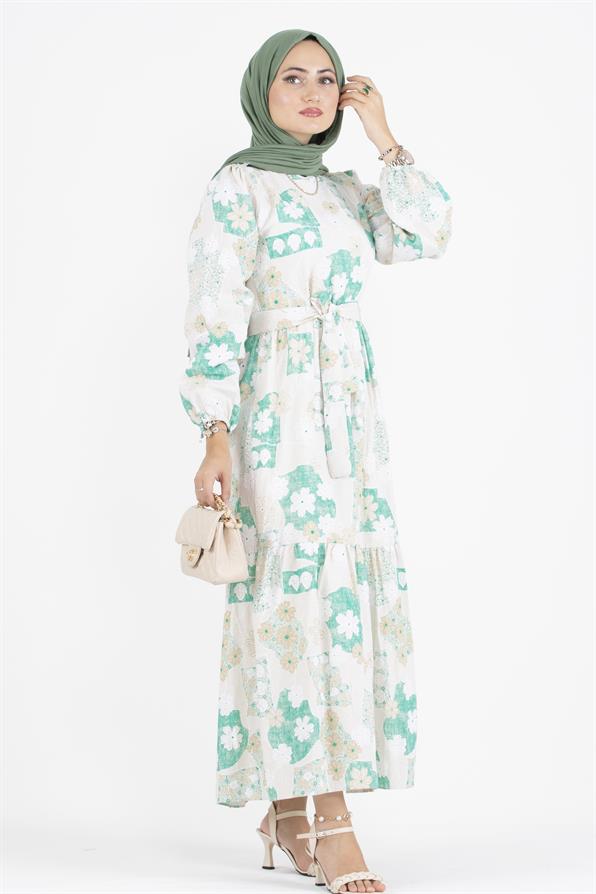 Flower Embossed Linen Dress-Green