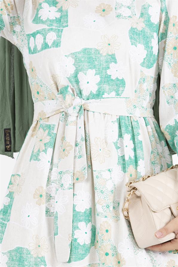 Flower Embossed Linen Dress-Green