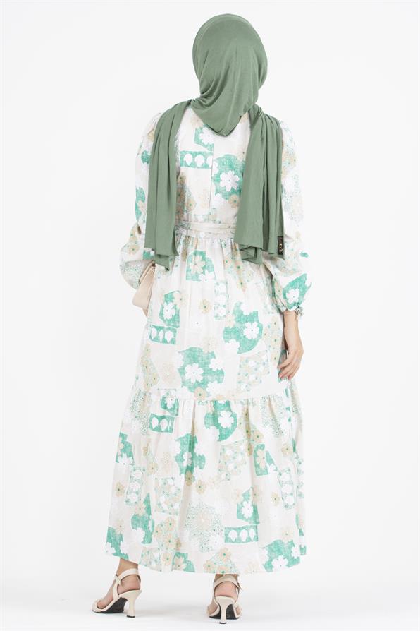Flower Embossed Linen Dress-Green