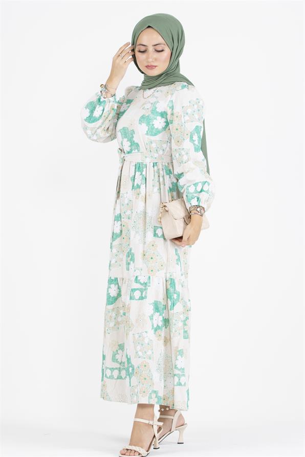Flower Embossed Linen Dress-Green