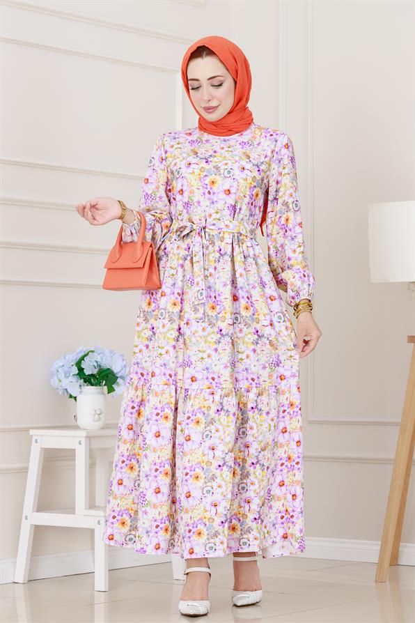 Çiçekli Kumsal Elbise-Lila
