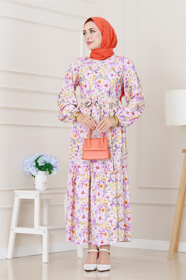 Çiçekli Kumsal Elbise-Lila