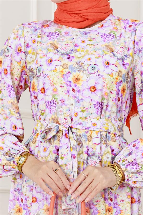 Çiçekli Kumsal Elbise-Lila