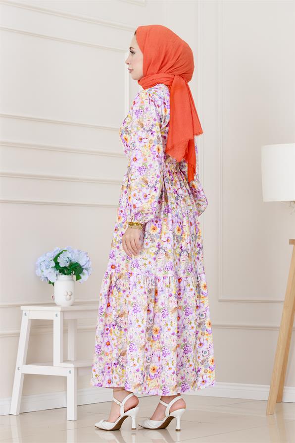 Çiçekli Kumsal Elbise-Lila