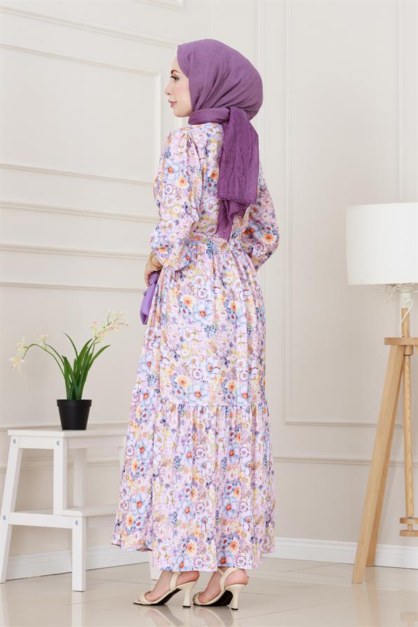 Çiçekli Kumsal Elbise-Mor