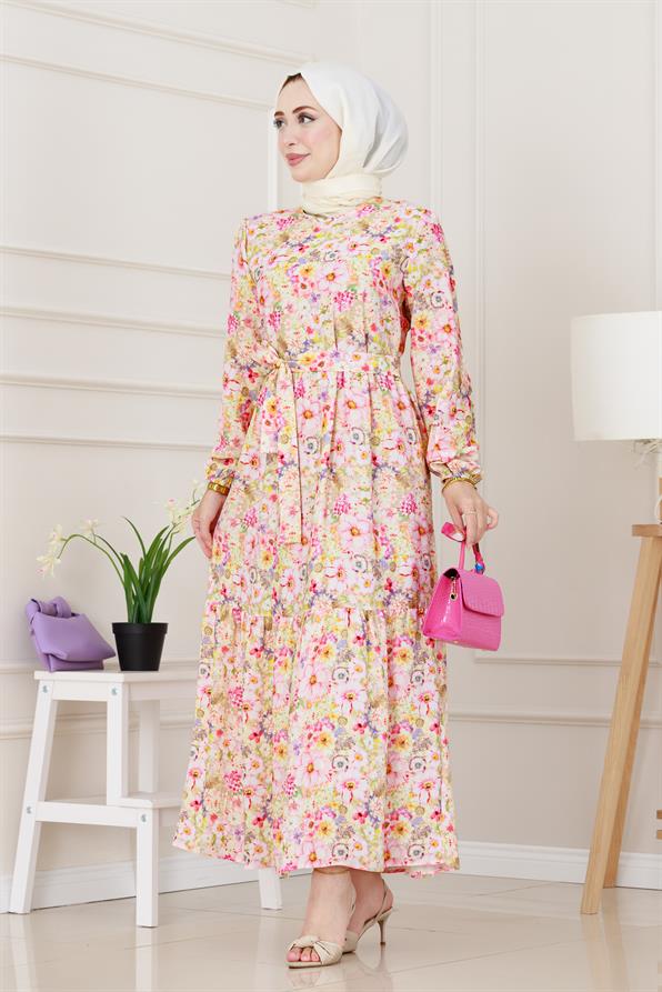 Çiçekli Kumsal Elbise-Pembe