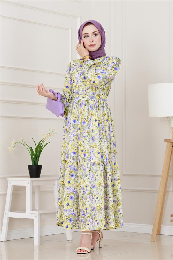 Çiçekli Kumsal Elbise-Yeşil