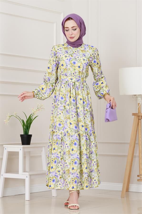 Çiçekli Kumsal Elbise-Yeşil