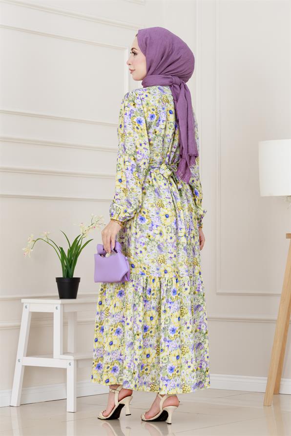 Çiçekli Kumsal Elbise-Yeşil