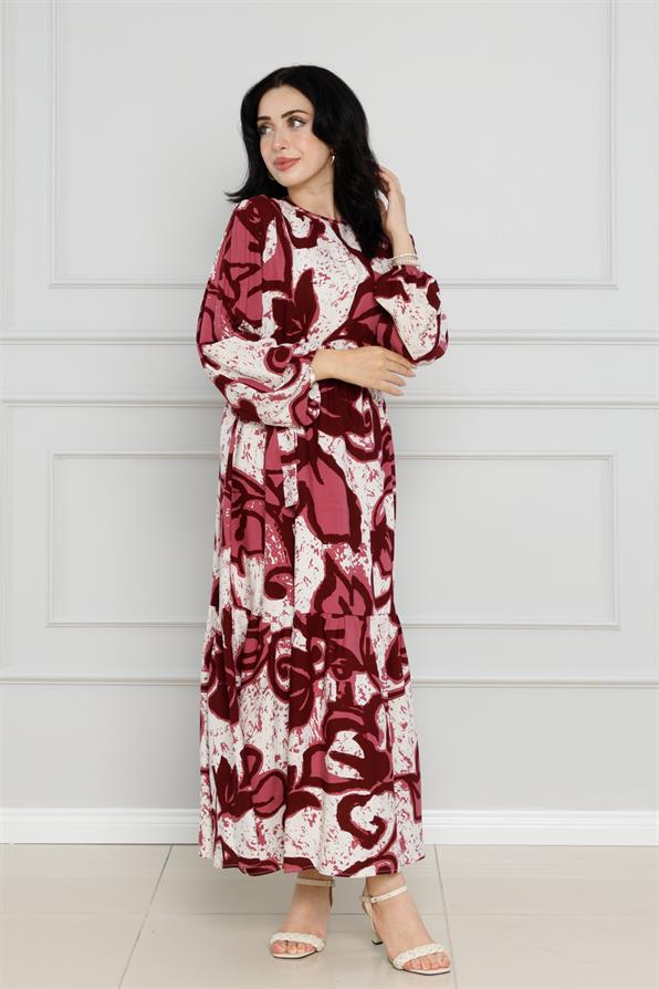 فستان فيسكوز مزهّر - أحمر كلاريت اللون