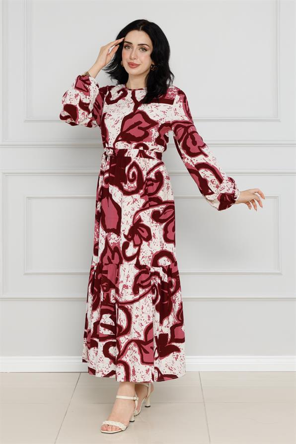 فستان فيسكوز مزهّر - أحمر كلاريت اللون