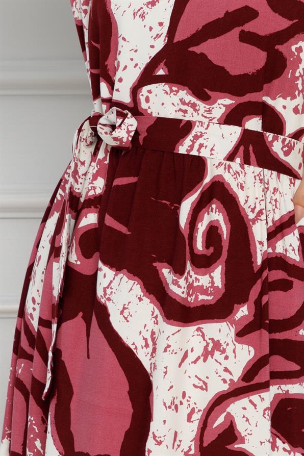 فستان فيسكوز مزهّر - أحمر كلاريت اللون