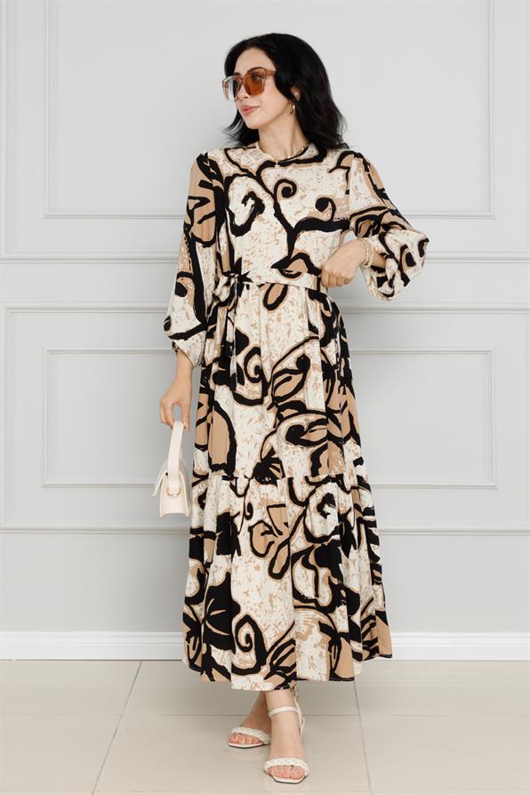 Floral  Viscose Dress-Mink color