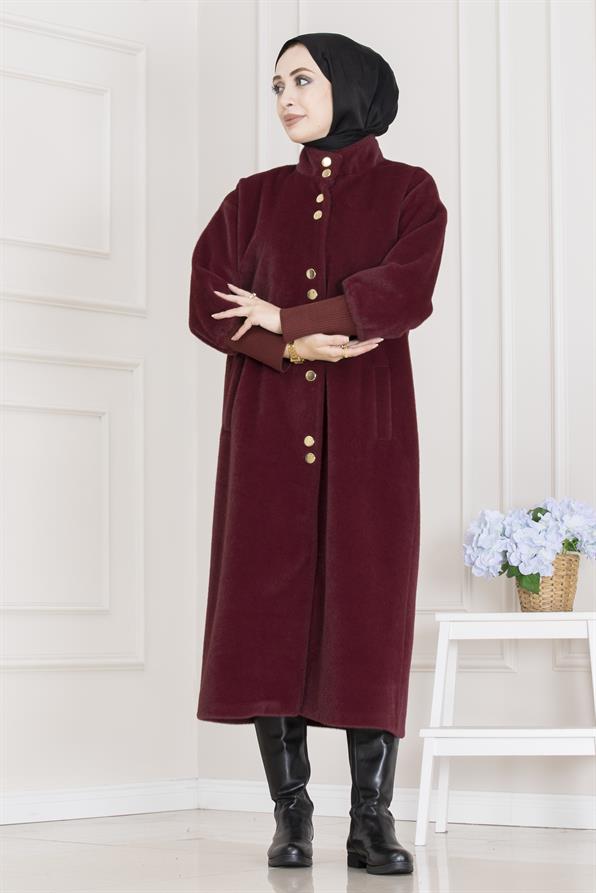 Çift Düğme Detaylı Kaban-Bordo