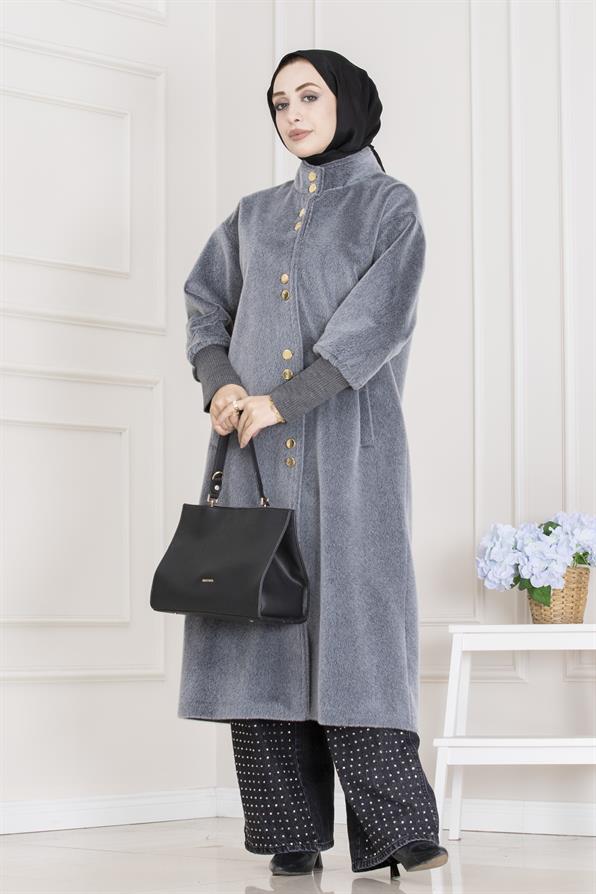 Çift Düğme Detaylı Kaban-Gri