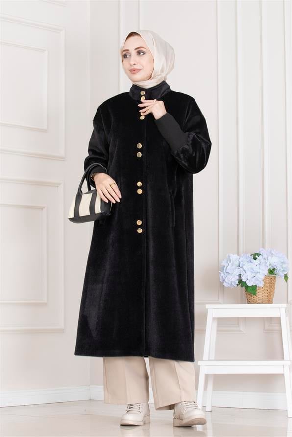 Çift Düğme Detaylı Kaban-Siyah