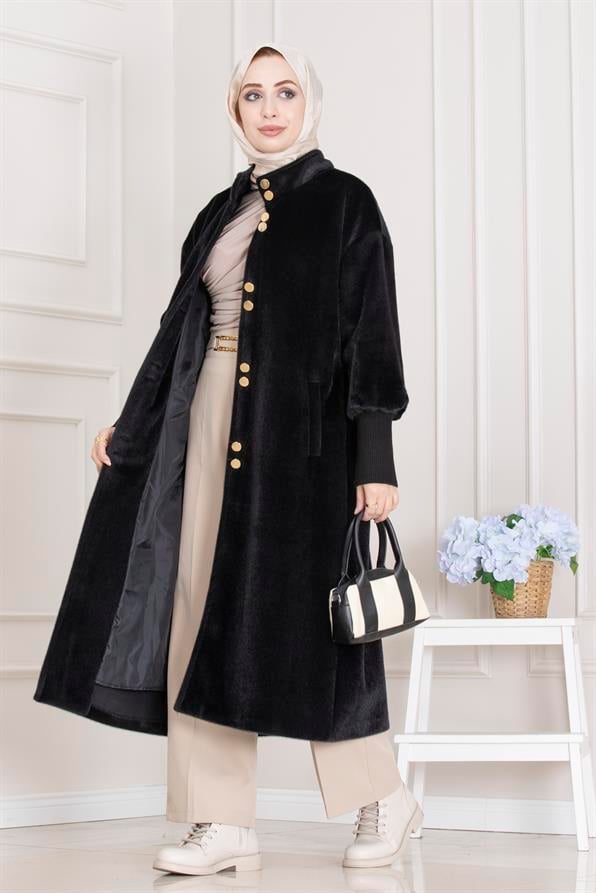 Çift Düğme Detaylı Kaban-Siyah