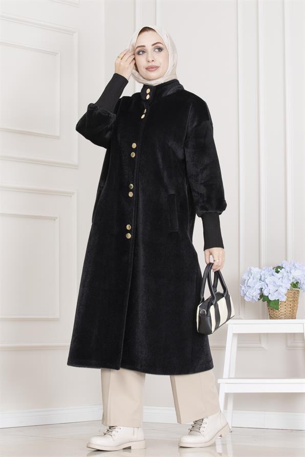 Çift Düğme Detaylı Kaban-Siyah