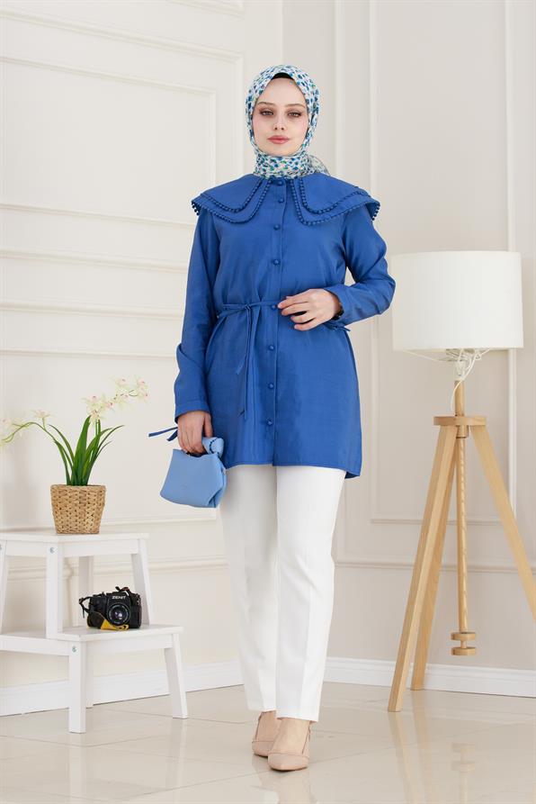 Çift Yaka Dantelli Tunik-Bebe mavi